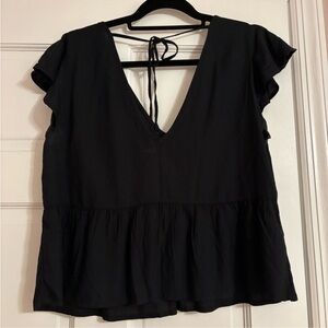 Abercrombie & Fitch Black V-Neck Ruffle Sleeve Peplum Top with Tie Back